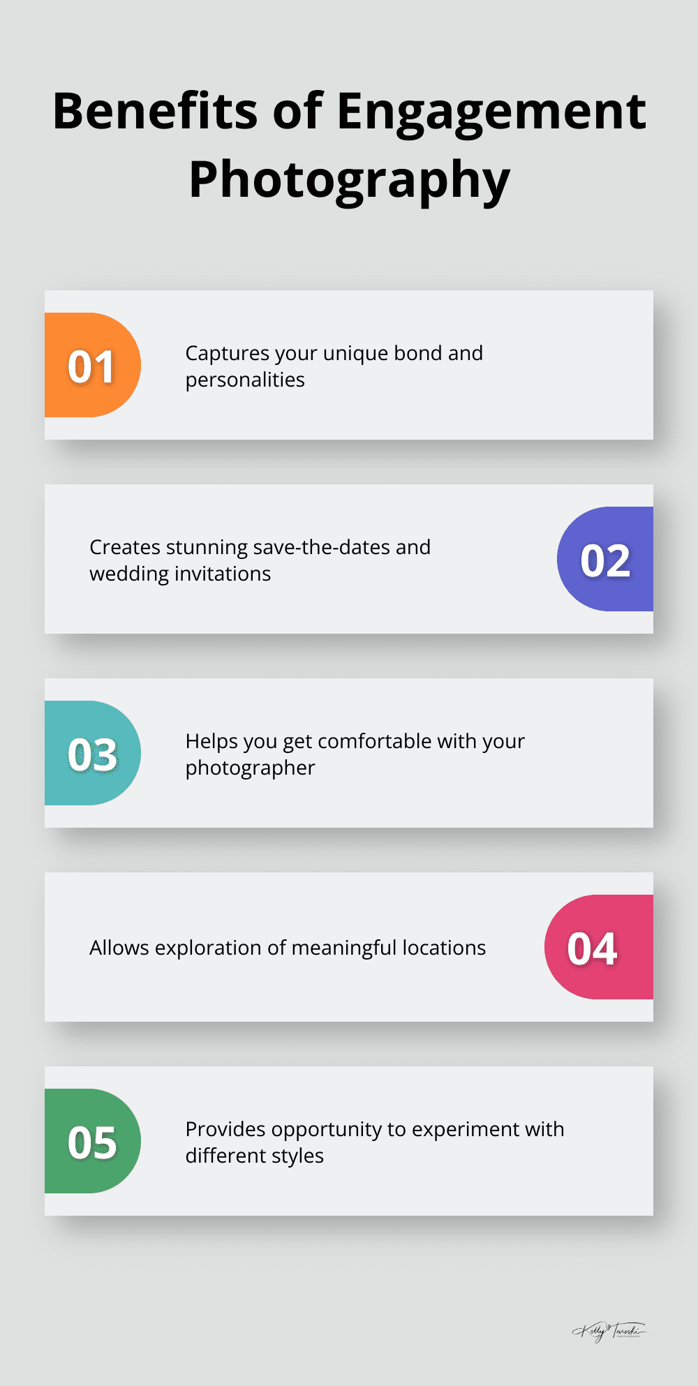 Infographic showing five key benefits of engagement photography: capturing unique bond, creating save-the-dates, getting comfortable with photographer, exploring locations, and experimenting with styles.